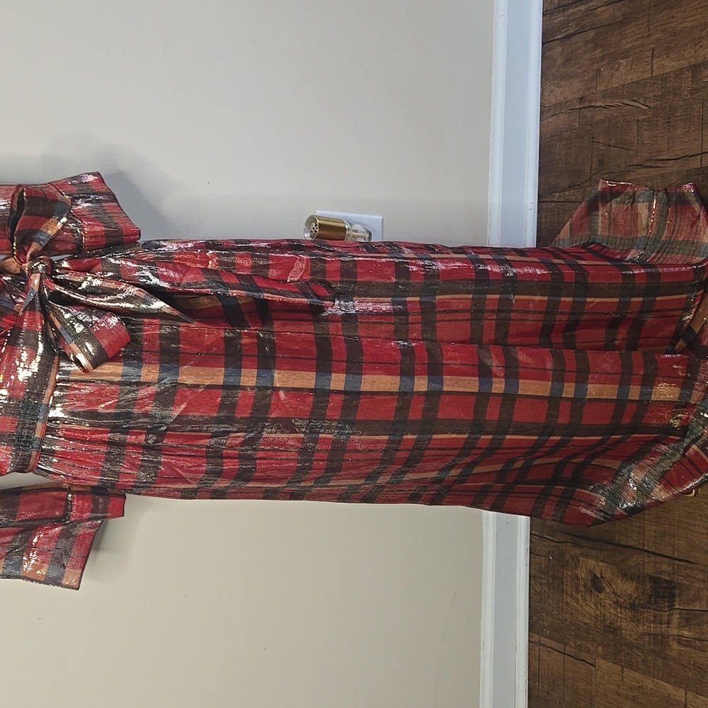 Alice + Olivia Red Metallic Plaid Faux-Wrap Maxi Dress Silk Blend Size 4 Holiday - Picture 5 of 9